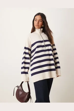 Free People Stripe half-zip sweater in navy and white-Multi
