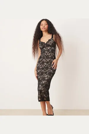 New Look 2 tone lace midi dress in black