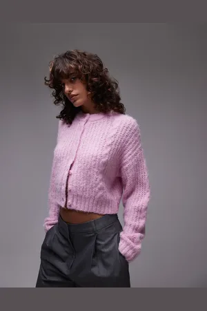 Topshop Knitted cropped fluffy cable cardigan in