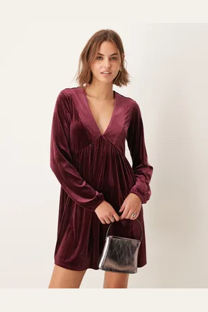 New Look Long sleeve velvet smock mini dress in -Red