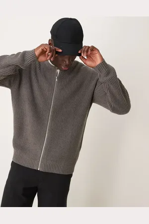 ASOS Knitted relaxed fisherman rib zip up bomber jacket in grey marl