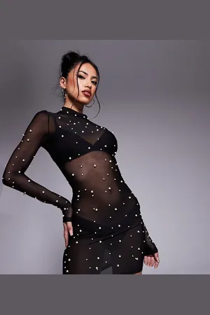 In The Style X Perrie Sian exclusive pearl embellished mesh mini dress in