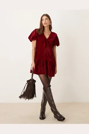 Neon Rose Velvet collar detail mini dress in -Red