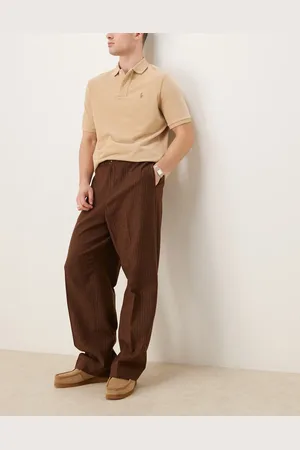 ASOS Pull on smart wool mix wide leg elasticated pants in pinstripe-Brown