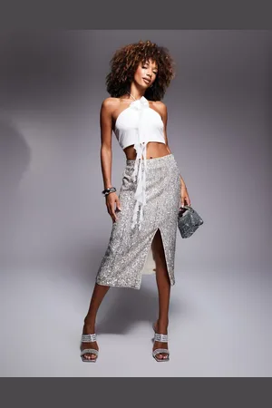 Morgan Sequin thigh split midi skirt in silver-Gold
