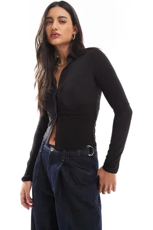 ASOS Slinky ruched plunge long sleeve shirt in