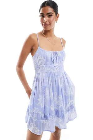 Hollister Tie back short dress with shirred bust detail in blue paisley print