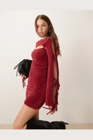 The Frolic Exclusive fluffy cut out bow tie sleeve knitted mini dress in -Red