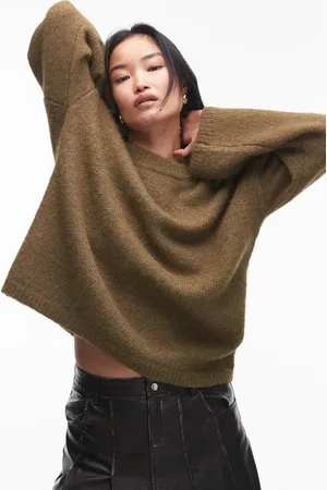 Topshop Knitted boxy fluffy crew oversized jumper in -Green