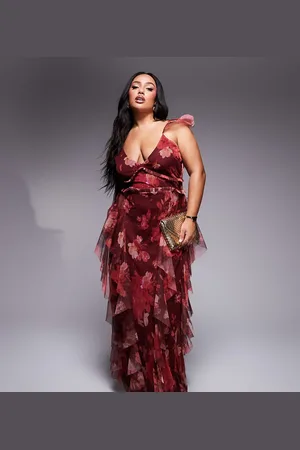 Lace & Beads Tulle ruffle maxi dress in burgundy red rose