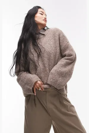 Topshop Knitted boxy fluffy crew oversized jumper in -Brown