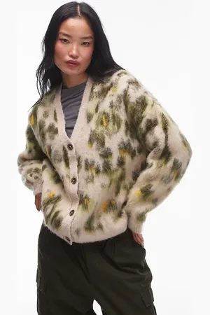 Topshop Knitted brushed abstract animal oversized cardi in green print-Multi