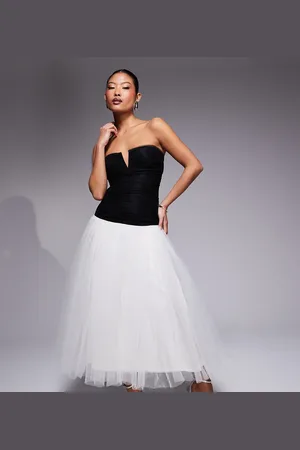 Lace & Beads Drop hem contrast tulle maxi dress in black and ivory