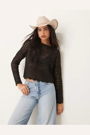 JDY Boat neck broderie long sleeve top in