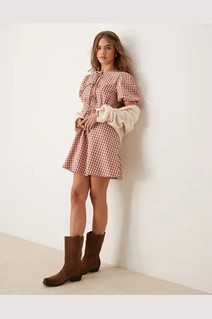 Glamorous Smock dress with puff sleeves and tie front in