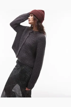 Topshop Knitted chunky crew neck cardigan in -Grey