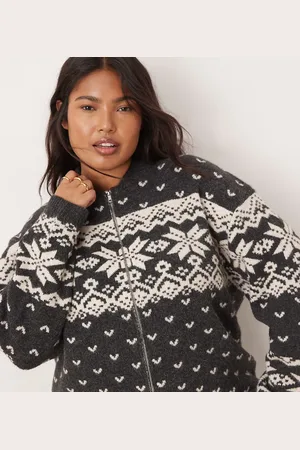 ASOS ASOS DESIGN Curve knitted collar zip through cardigan with fair isle pattern in charcoal and cream-Multi