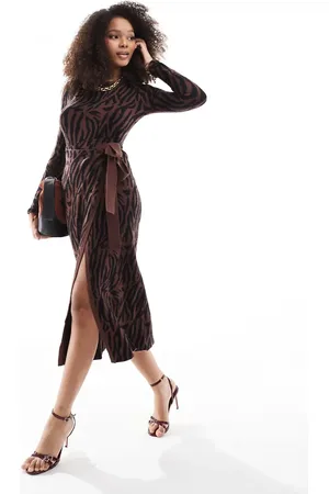 Style Cheat Knit wrap midi dress in black and brown animal print-Multi