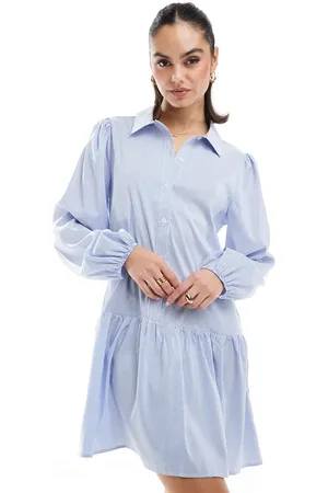 Miss Selfridge Long sleeve mini shirt dress in stripe print-Blue