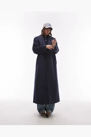 & OTHER STORIES Wool blend single breasted maxi coat in navy and white herringbone-Black