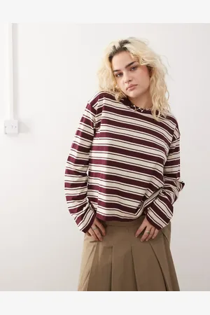 Monki Long sleeve top in burgundy stripe-Red