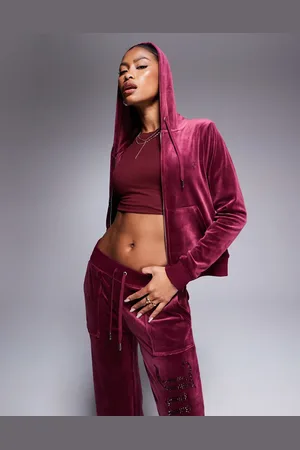 Juicy Couture Velour tonal jewel zip through hoodie in burgundy (part of a set)-Red