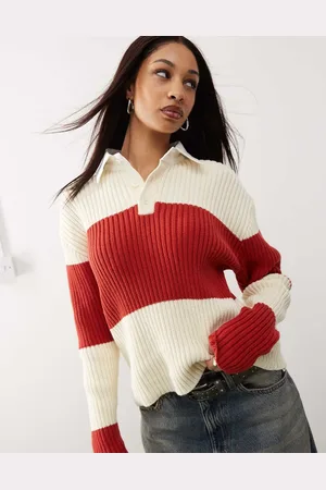 Lioness Polo collar rugby stripe knitted jumper in red and cream-Multi