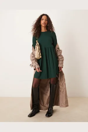 New Look Long sleeve jersey mini smock dress in green