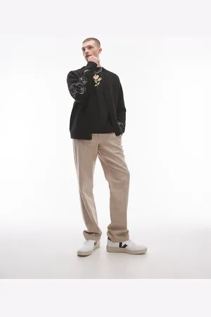 Topman Straight linen blend textured pants in -Neutral