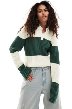 Lioness Polo collar rugby stripe knitted jumper in green and cream-Multi