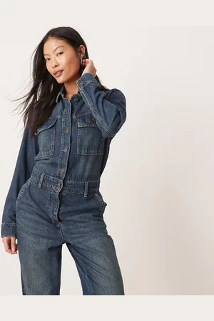 JDY Long sleeve denim jumpsuit in mid wash blue
