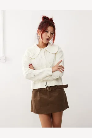 Monki Knitted pattern cardigan with collar and puff sleeves in