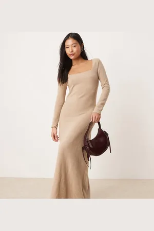 VILA Long sleeve square neck knitted maxi dress in camel-Neutral