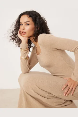 VILA Long sleeve square neck knitted maxi dress in camel-Neutral