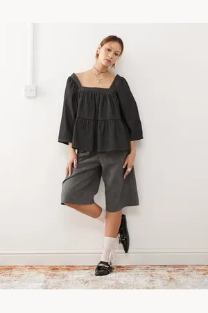 COLLUSION Denim balloon sleeve peplum top in -Blue