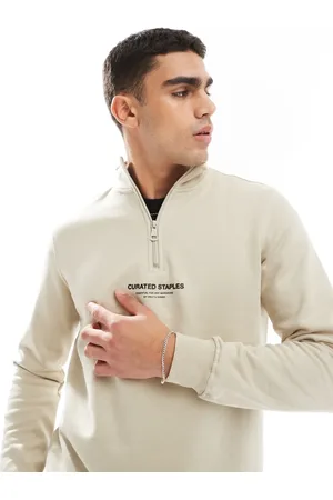 Only & Sons Curated high neck 1/4 zip sweater in stone-Neutral