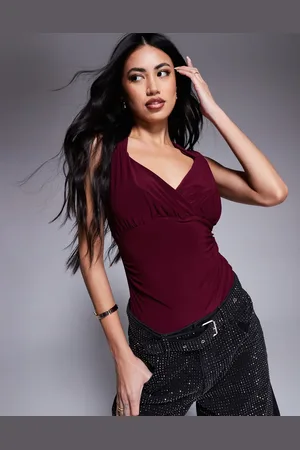 River Island Ruched wrap bodysuit in burgundy-Red