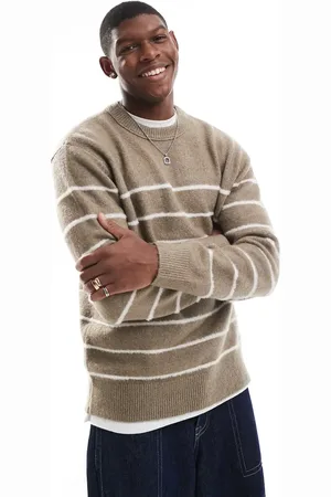River Island Brushed knit jumper in stone breton stripe-Neutral