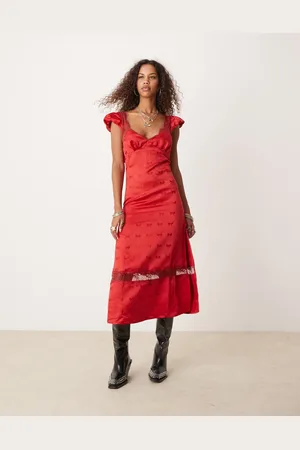 Free People Bow print satin midi dress in red