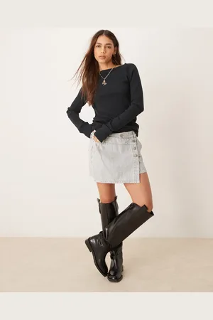 Free People Wynee asymmetric striped denim skirt in light blue