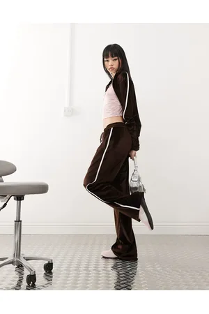 Reclaimed Velour side stripe wide leg trackies in (part of a set)-Brown