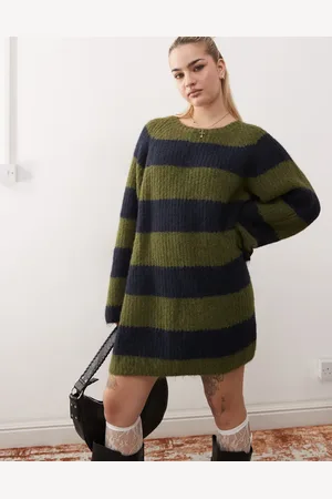Monki Long sleeve crew neck mini knitted dress in khaki and navy stripe-Green