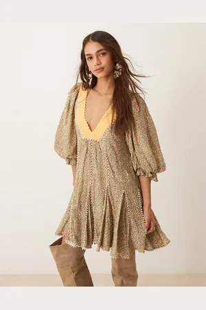 Free People Ditsy floral puff sleeve boho mini dress in green
