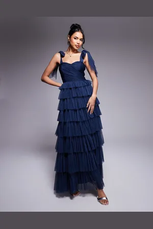 Lace & Beads Bow shoulder ruffle maxi dress in