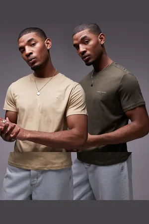 Tommy Hilfiger 2 pack linear logo t-shirts in khaki and beige-Multi