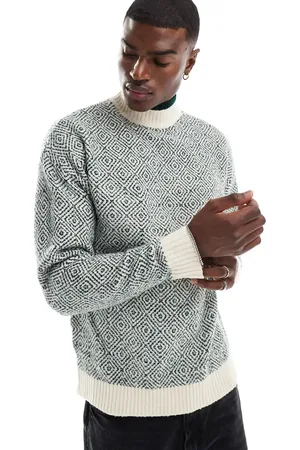 Native Youth Intarsia funnel neck oversized jumper in forest green-White