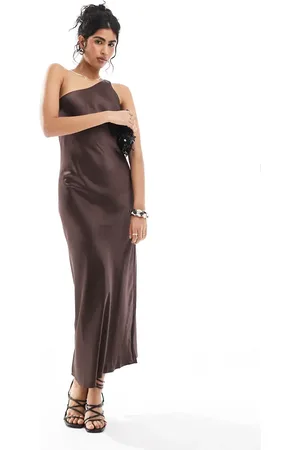Object One shoulder satin maxi dress in brown