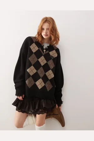 Minga London argyle v-neck jumper with distressed edges in -Multi