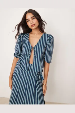 Glamorous Volume sleeve blouse with tie front in green stripe (part of a set)