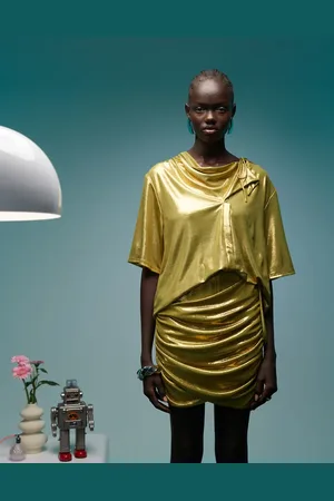 Bimba y Lola Asymmetric tie shoulder crop top in metallic (part of a set)-Green